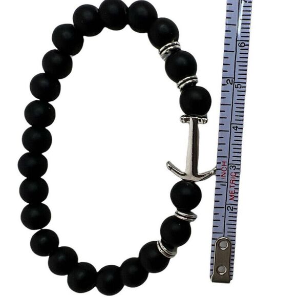 Anchor / Stone Bracelet Black Silver Tone Stretch Unisex Nautical Beach Classic - Picture 5 of 5